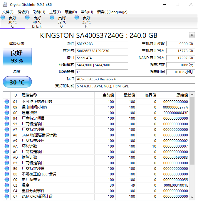 硬盘状态监视器(CrystalDiskInfo)9.9.1中文精简绿色便携正式版