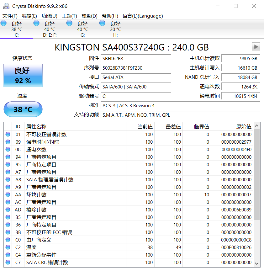 硬盘状态监视器(CrystalDiskInfo)9.9.2中文精简绿色便携正式版